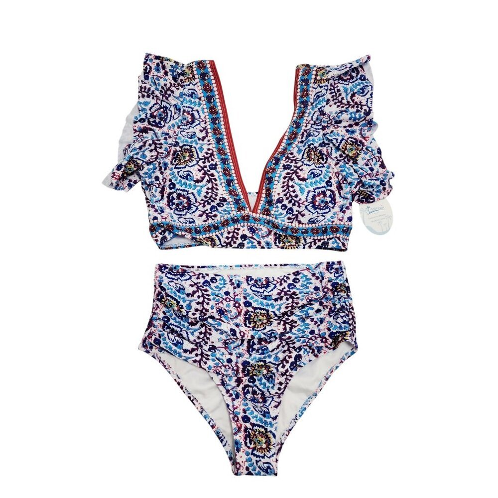 Womens Soucrat Ruffled V-Neck Bikini Set High-Waist Floral Swimsuit S Multicolor
